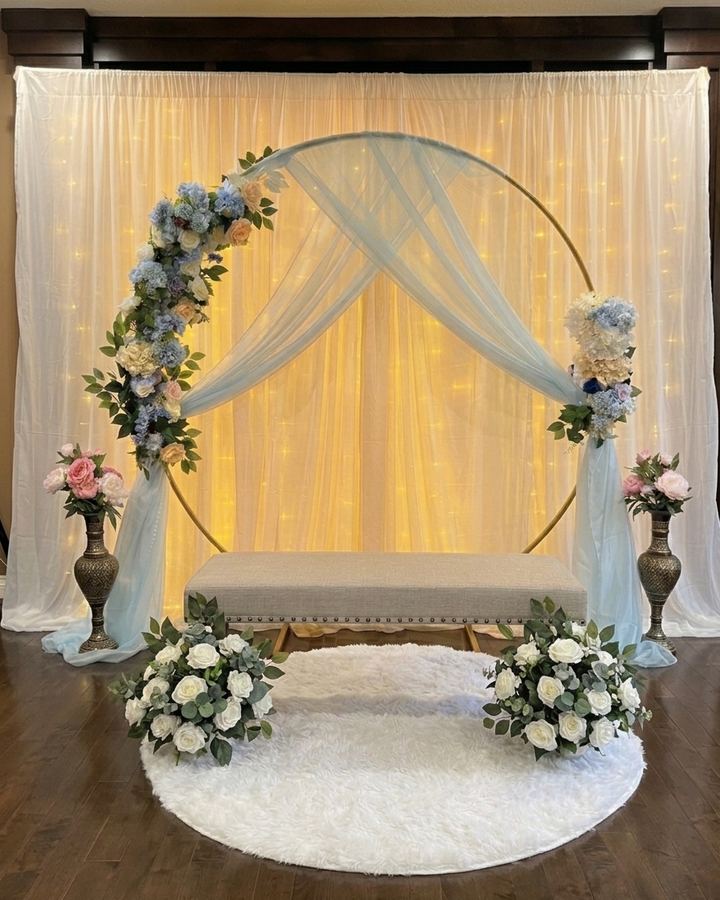 Engagement stage with a gold hoop backdrop in Calgary